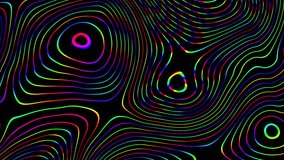 Seamless abstract psychedelic wavy background for loop playback. 4k video. Animated iridescent thin lines on black background
