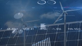 Animation of financial data processing over solar panels and wind turbines. Global environment, business, connections, computing and data processing concept digitally generated video. - Powered by Shutterstock - Get 15% off with code: PIKWIZARD15