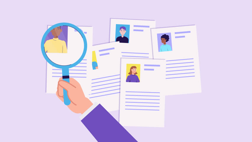 Animation of curriculum vitae papers with photo, magnifying glass. Hiring concept, new employees, recruitment. Choose best job candidates, resume. Human resource management. Cartoon style video