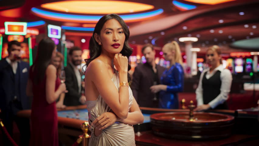 Portrait of a Beautiful Young Asian Woman, Wearing an Elegant Silver Dress, Striking Different Modeling Poses in a Glamorous Atmosphere of a Casino, Surrounded by Active Gamblers in the Background | Shutterstock HD Video #1111517983