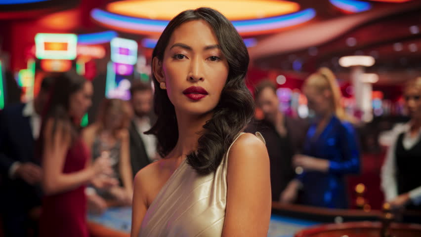 Close Up Portrait of a Graceful Asian Female Posing for Camera. Professional Model with a Beautiful Face and Eyes Poised Right at the Camera. Zoom Out Footage at a Casino with People Gambling | Shutterstock HD Video #1111517985