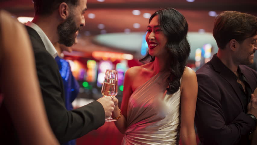 Attractive Multiethnic Female Taking Risks in a Casino and Celebrating a Winning Bet with Her Partner. Young Cheerful Asian Woman is Excited, Talking with Boyfriend and Clinking Champagne Glasses | Shutterstock HD Video #1111517993