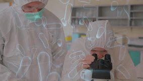 Animation of caucasian scientists with microscope in laboratory over cells. Global science, pandemic, connections, computing and data processing concept digitally generated video.