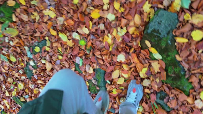 Boots wander amidst autumn leaves, stepping over rocks and snapped twigs, suggesting a lost hiker's journey.