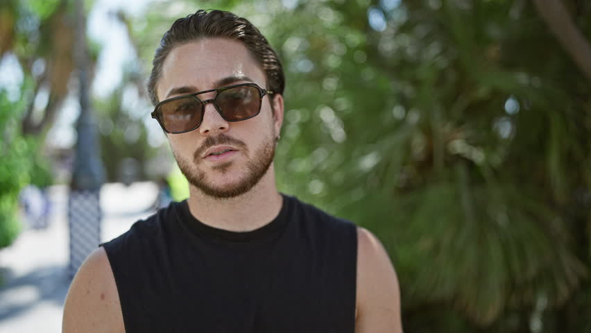 Young hispanic man smiling confident taking sunglasses off at park