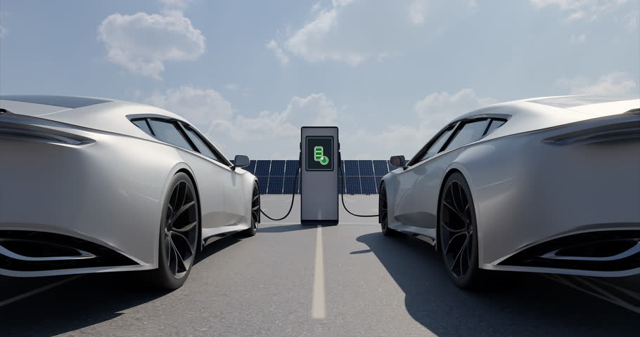 Two Sport Electric Cars Charging on background of solar panels on sunny day. Environmentally friendly EV car plugged into the charger. Realistic high quality 3d rendering of. 3D Illustration Royalty-Free Stock Footage #1111521643