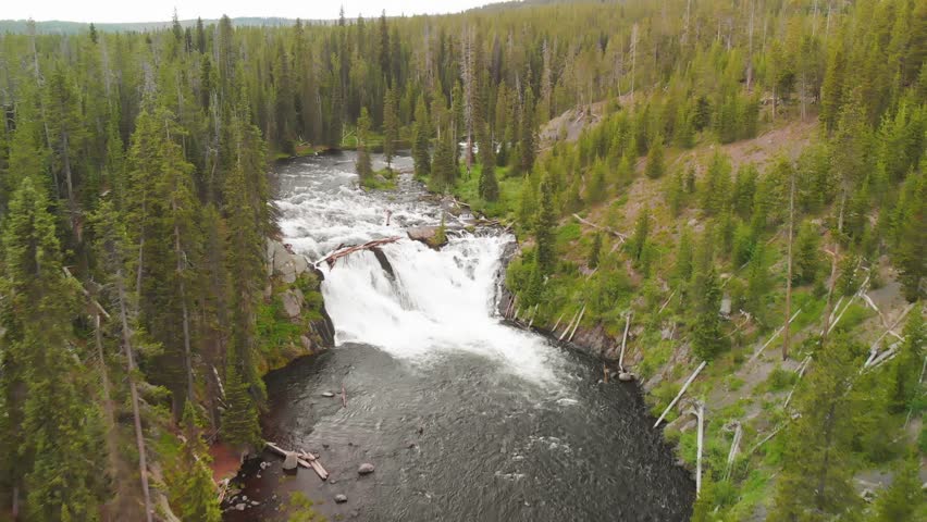 Panoramic Yellowstone Lewis River Falls with Wild Forest Landscape, USA