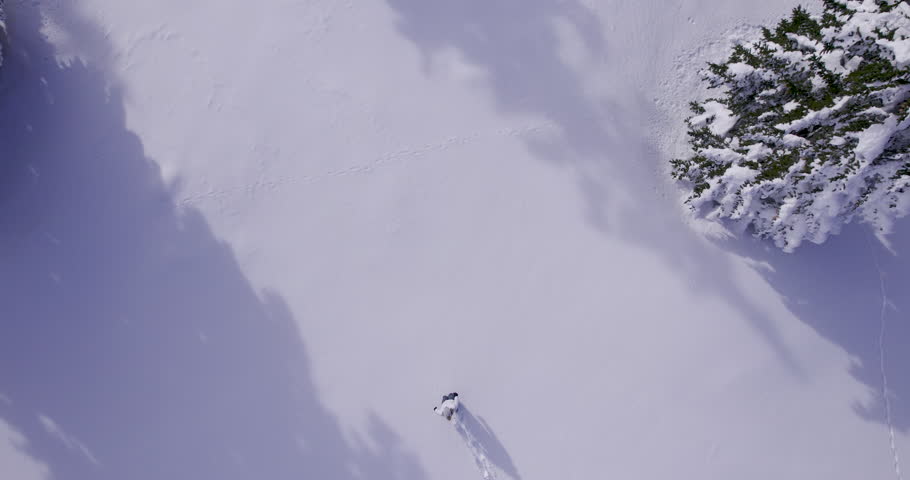 Aerial - Young woman walks to the forest field, falls into snow and starts making snow angel