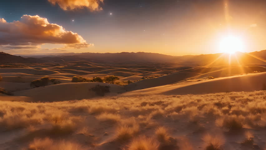 Digital animation field landscape at golden sunset light. Majestic sunshine background for copy space. Horizon dramatic light. Background of gorgeous sunrise dawn. Hot sunset hour. Morning sky view | Shutterstock HD Video #1111524223