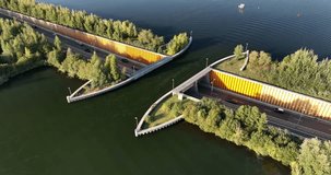 Aquaduct Veluwemeer, Netherlands. Video background. Transportation and roads. Aerial view. Industrial landscape from a drone. View from above.