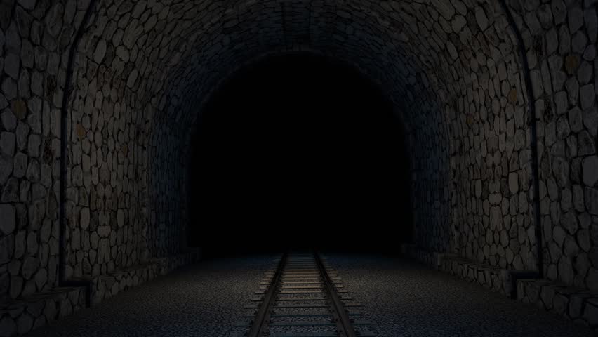 Camera dolly animation of dark tunnel with train tracks and stone walls. Seamless loop, 3d rendering | Shutterstock HD Video #1111526947