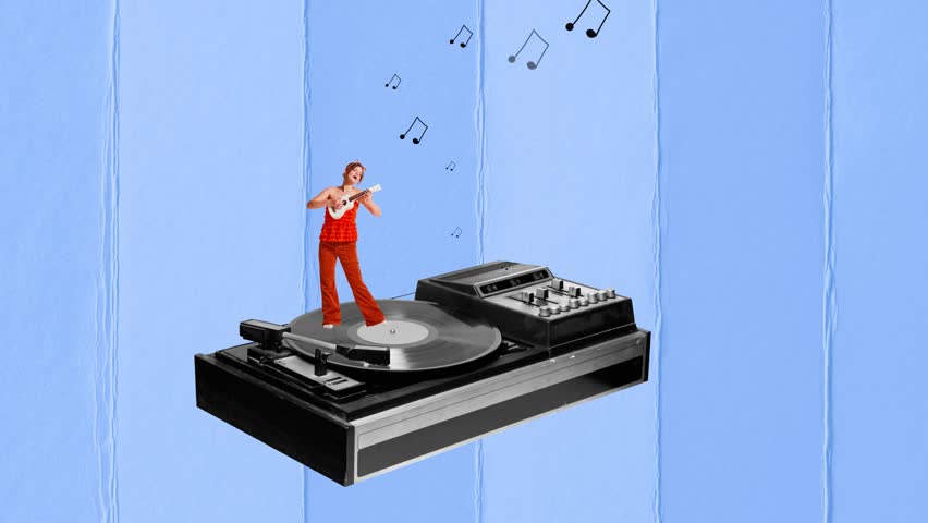 Retro music. Tender charming girl playing ukulele guitar standing on vintage record palyer over blue background. Stop motion, animation. Surreal art, creativity, exotic music, lifestyle, retro style