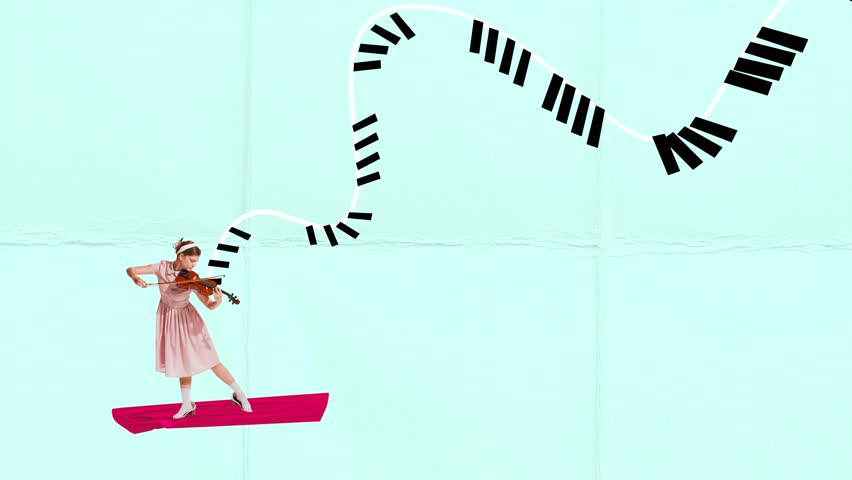 Lyric melody. Stop motion, animation. Tender young retro woman playing violin. Classical music performer. Pastel art style. Concept of creativity, retro style, music lifestyle, design.