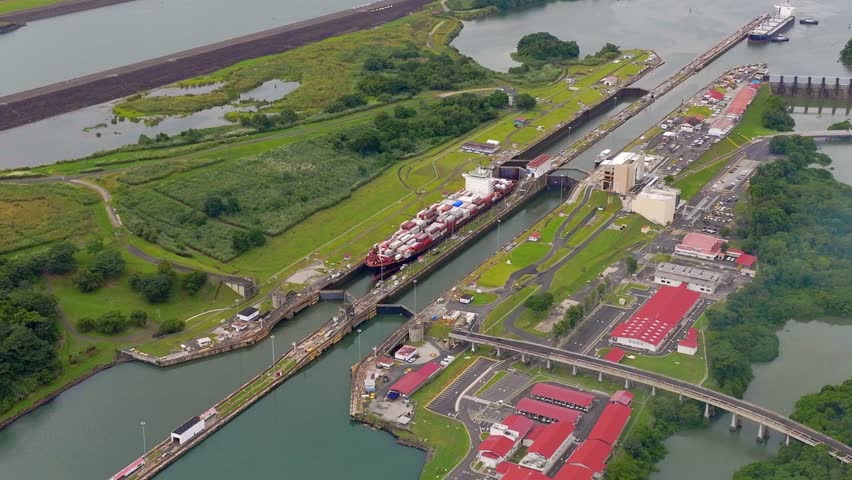 Panama Canal, Canal locks, Maritime Transit, container ship, Gatun Lake, climate change, Panama mining Royalty-Free Stock Footage #1111529387