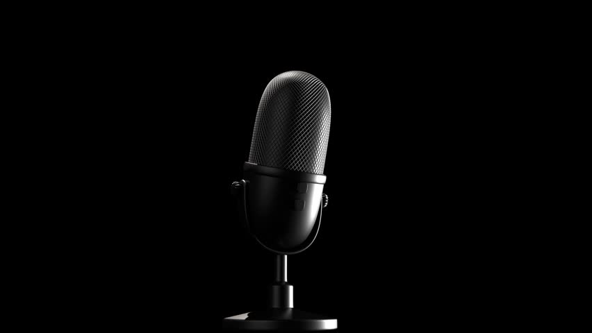 Vintage microphone on black background 3D 4K animation with copy space