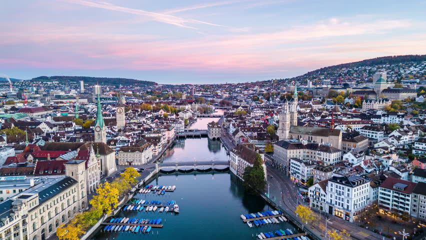 Zurich, Switzerland overlooking the Limmat River at dawn.