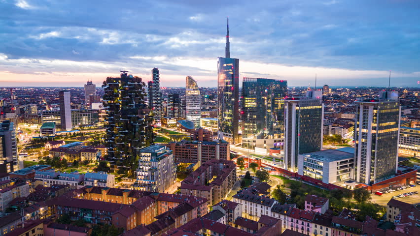 Milan, Italy financial district at dawn.