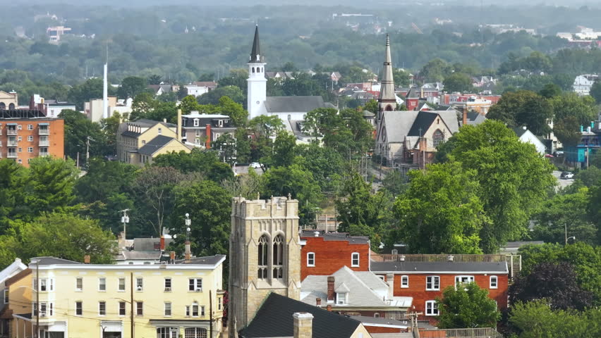 Old historic city architecture in USA. View from above of streets of Hagerstown, Maryland