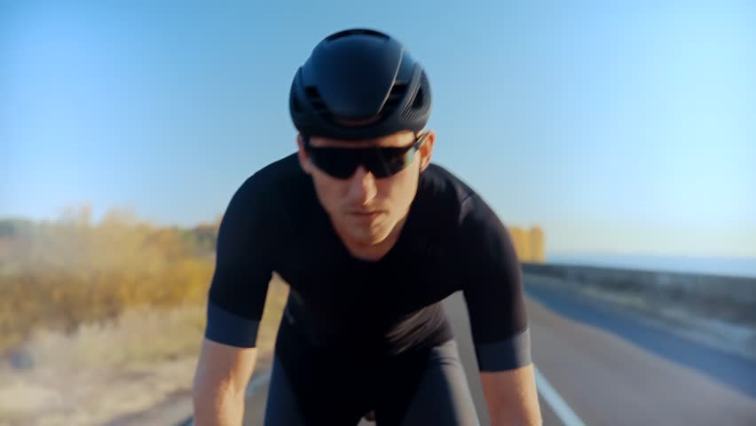 Triathlete Cyclist Training On Bicycle. Sport Recreation Workout.Fit Athlete Sport Workout Training Cycling Triathlon Competition. Cyclist Fitness Cycling Road Bike For Triathlon Race Recreation Sport Royalty-Free Stock Footage #1111534633