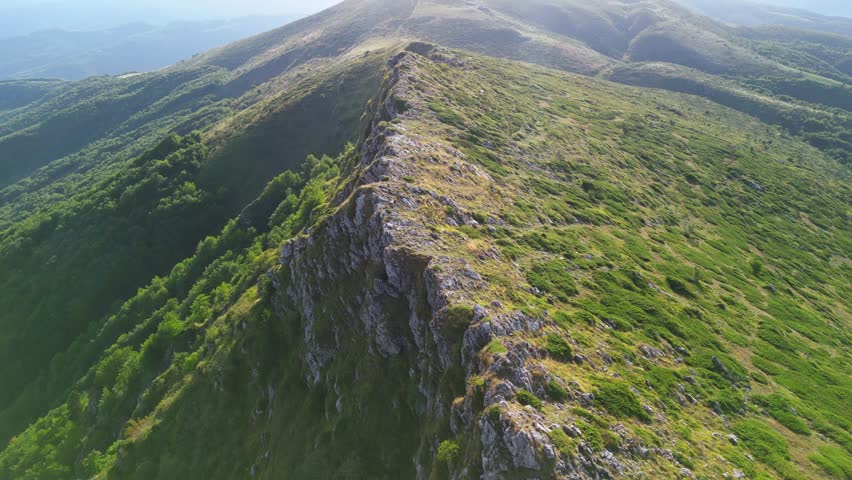 Drone view from the path from Beklemeto to Kozya Stena, Troyan Balkan, Bulgaria