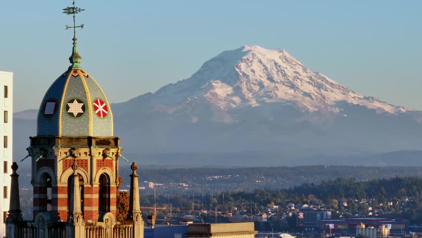 First Presbyterian Church Bell Tower With Mount Rainier At Background In Tacoma, Washington, USA. Aerial Close Up