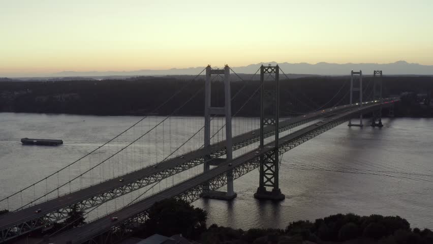 Twin Bridges Spanning The Tacoma Narrows Strait of Puget Sound In Pierce County, Washington, USA. Aerial Drone Shot