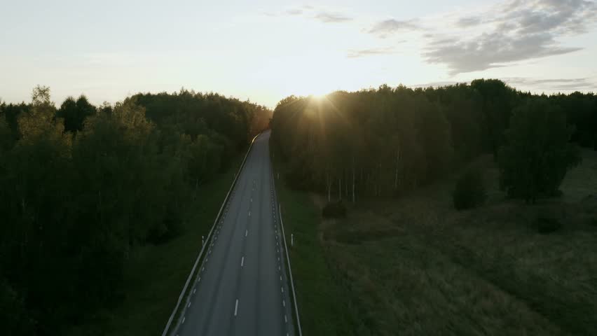 Revealing drone shot of road with car going through spruce forest during sunset