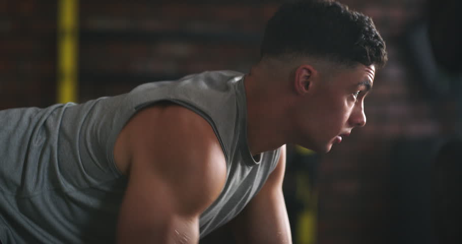 Dumbbell row, weightlifting or man with arm exercise, muscular growth workout or fitness club challenge. Discipline, gym profile and active person, sports athlete or bodybuilder training bicep muscle