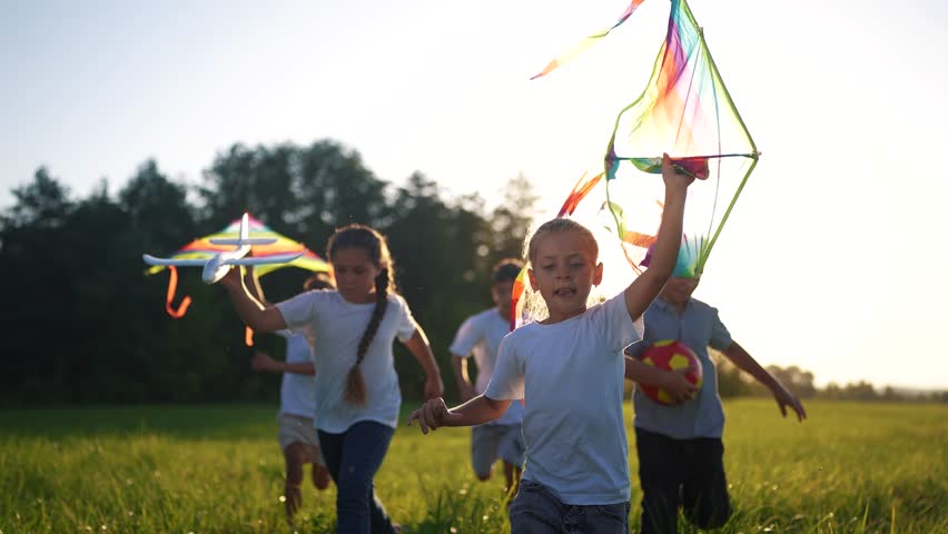 children run through the meadow in park with toys in their hands. happy family kid dream concept. a group of little kids have fun together and play lifestyle with flying kites toy airplane Royalty-Free Stock Footage #1111547415