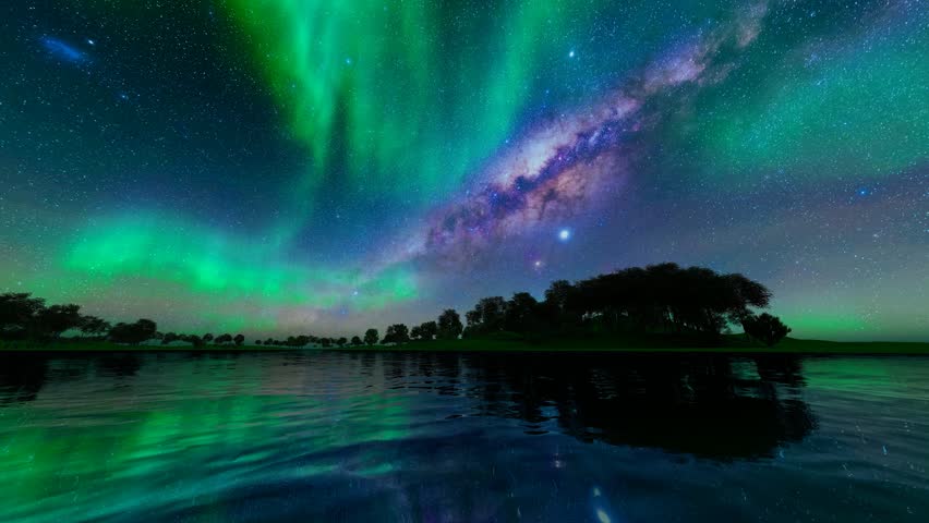 Starry sky and aurora at night over sea and lake | Shutterstock HD Video #1111550243
