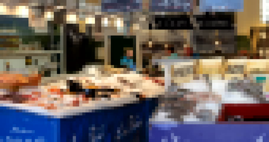 Digitally defocused, pixelated view of a fish market in a French city, creating a matrix metaverse-like effect, blurring reality with digital art