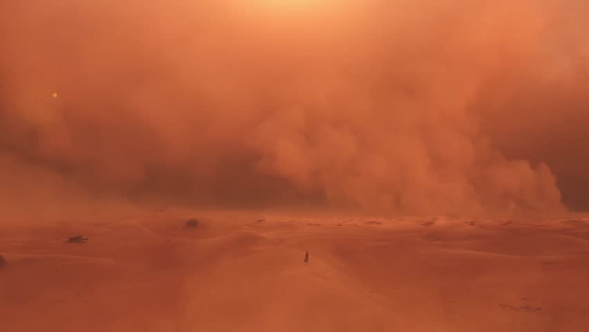 Arab woman in traditional abaya dress walking in a desert. Epic and Huge sandstorm coming.