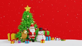 Santa clause with sleigh near snowman and Christmas tree and gifts box, Happy New year and Merry Christmas holiday greeting card Xmas, 3D 4K animation rendering. - Powered by Shutterstock - Get 15% off with code: PIKWIZARD15