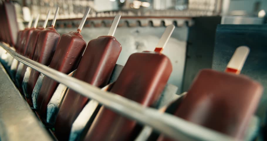 Portions of chocolate ice cream on a conveyor belt. Refrigeration plant, production of ice cream on a stick. High quality 4k footage | Shutterstock HD Video #1111556179
