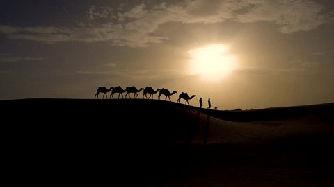 Silhouette of two Berber men leading a camel caravan on sand dunes during sunset in Sahara Desert, Morocco Video stock