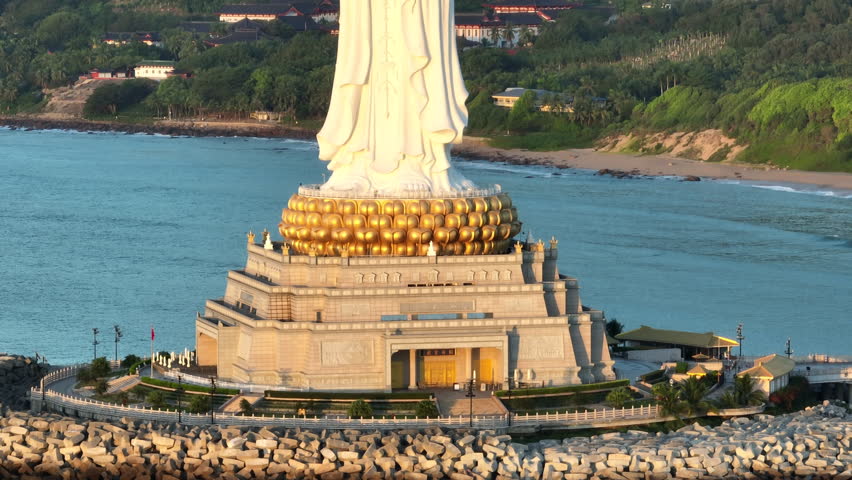 Aerial view of Guanyin statue at seaside in nanshan temple, hainan island , China