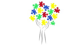 autism symbol. puzzle tree. hands hold puzzles. 4K video illustration. - Powered by Shutterstock - Get 15% off with code: PIKWIZARD15
