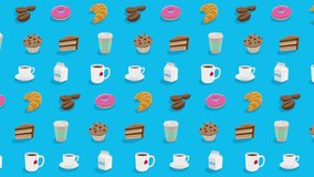 Colorful Moving Cartoon Coffee and Breakfast Graphics on a Blue Video Background