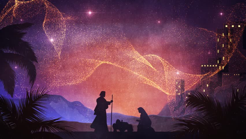 Painted Christmas. The biblical story of the birth of Jesus. Mary and Joseph. Messiah, Bethlehem. The star of Bethlehem. Background for praise, worship. Illustration of the birth of Jesus. Xmas