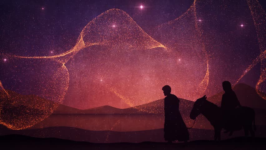 Painted Christmas. The biblical story of the birth of Jesus. Mary and Joseph. Messiah, Bethlehem. The star of Bethlehem. Background for praise, worship. Illustration of the birth of Jesus. Xmas