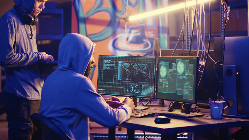 BIPOC hackers in secret headquarters targeting vulnerable unpatched connections, frustrated after failing to get past computer defenses and steal valuable sensitive data, access denied error Royalty-Free Stock Footage #1111572395