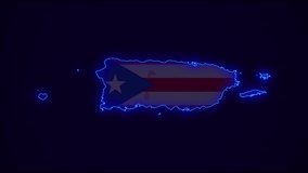 Puerto Rico Map Outline Country Border on dark blue.  Neon Lights  colorful animation transition. Flag of Puerto Rico. Animation in neon style. 4k Resolution.