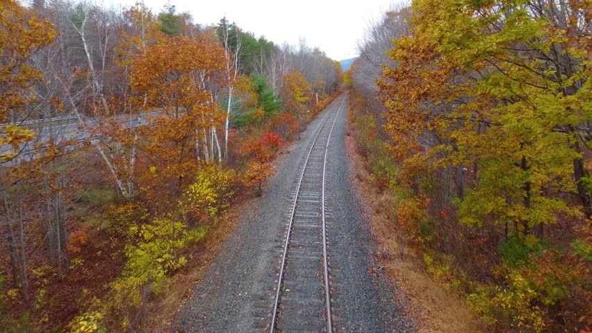 Aerial view of Train track and fall colours in New Hampshire, USA