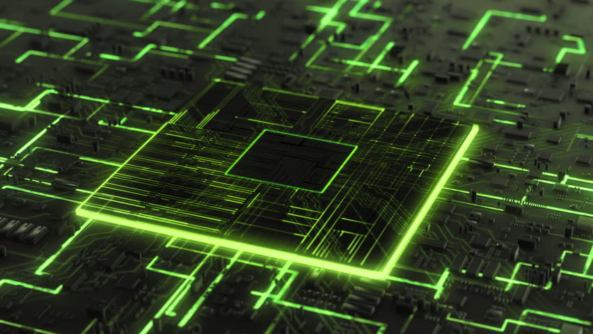 3D Visualization Processor Power. Technology Background Futuristic CPU or Motherboard with Circuit Board. Bright Digitalization Process. Data Transmission in Micro Chip Virtual Computer Animation. | Shutterstock HD Video #1111581355