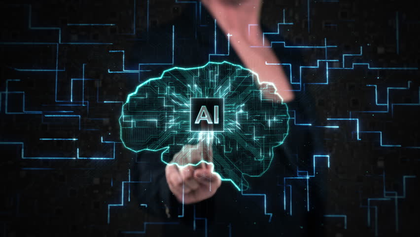 Female Hand Using Virtual Reality Touchscreen with Holographic Brain over a Circuit Board. Animation of Artificial Intelligence IA Chip over a Human Brain. Future Technology Concept. Deep Learning | Shutterstock HD Video #1111581701