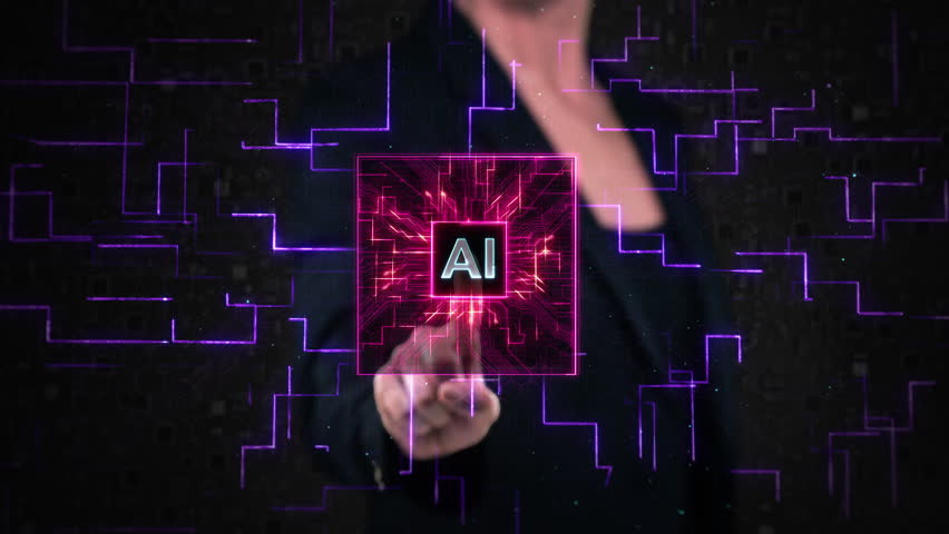 Futuristic Animation of Business Woman Using a Virtual or Augmented Reality Touchscreen Display. Neon Animation of Circuit Board and Micro Chip.  Internet of Things. Artificial Intelligence.
 | Shutterstock HD Video #1111581703