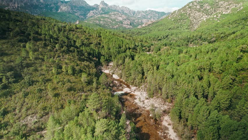 aerial, valley with river and mountains in the background, Corsica, France