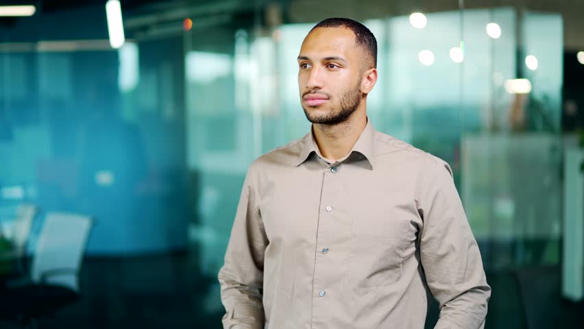 Portrait young adult businessman employee man in shirt smiling and looking at camera in office. Handsome mixed race african american business entrepreneur manager male posing calm friendly expression Royalty-Free Stock Footage #1111583773