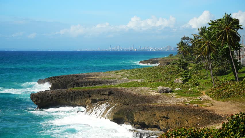 Big waves crashing on a rocky shore with palm trees along the las Americas expressway. Turquoise color of sea water and Santo Domingo city in the background