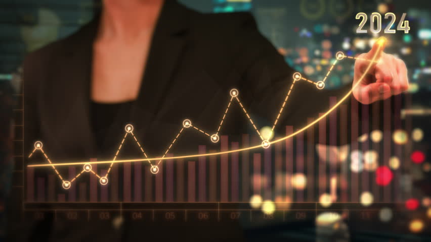 Woman Drawing Ascending Chart in Touchscreen Display. Young Female Financial Broker in Suit Using Virtual Reality or Working in AR at Workplace.  Quarter Profits, Record Earnings, Corporate Success. | Shutterstock HD Video #1111584865